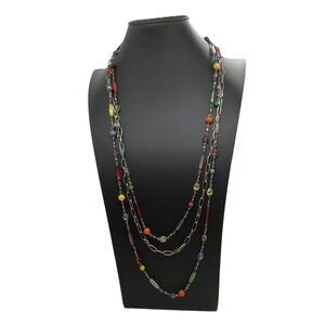 Beaded Necklace Rainbow Womens Multicolor  Beads Aged Brass Tone Multi Strand